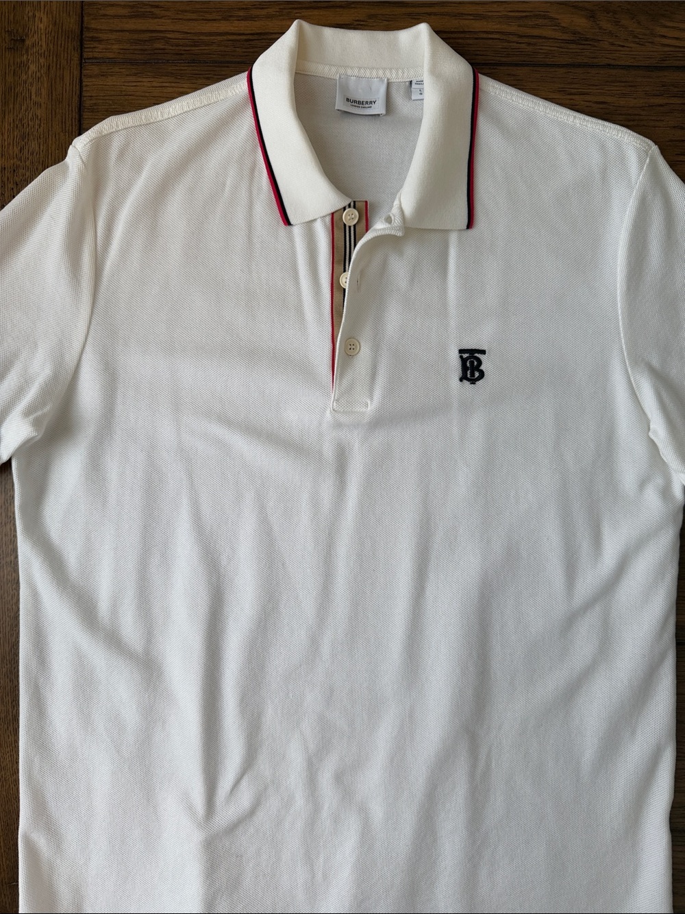 Burberry White Polo with Navy TB Monogram and Red Trim LIKE NEW